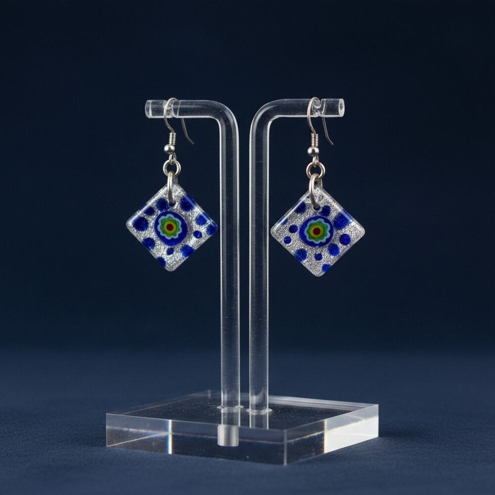 Vintage Millefiori Glass Earrings-Silver-Red-Venetian Murano Style-Dangles-Blue